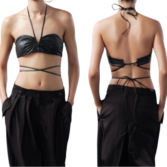 ZARA black leather strappy lace up bandeau v-cut halter crop top size small - Picture 2 of 13